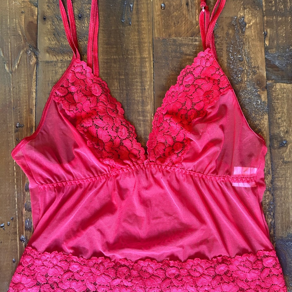 Frederick's of Hollywood Red Mesh Top with Lace Trim